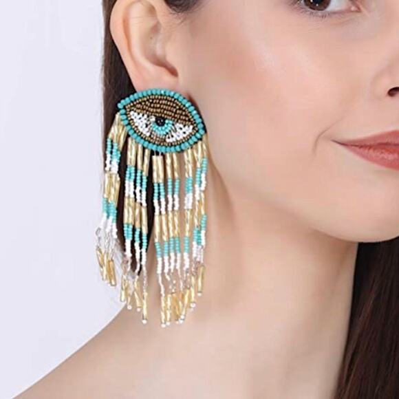 Turquoise White Gold Beaded Dangle Drop Evil Eye Earrings - Picture 1 of 2